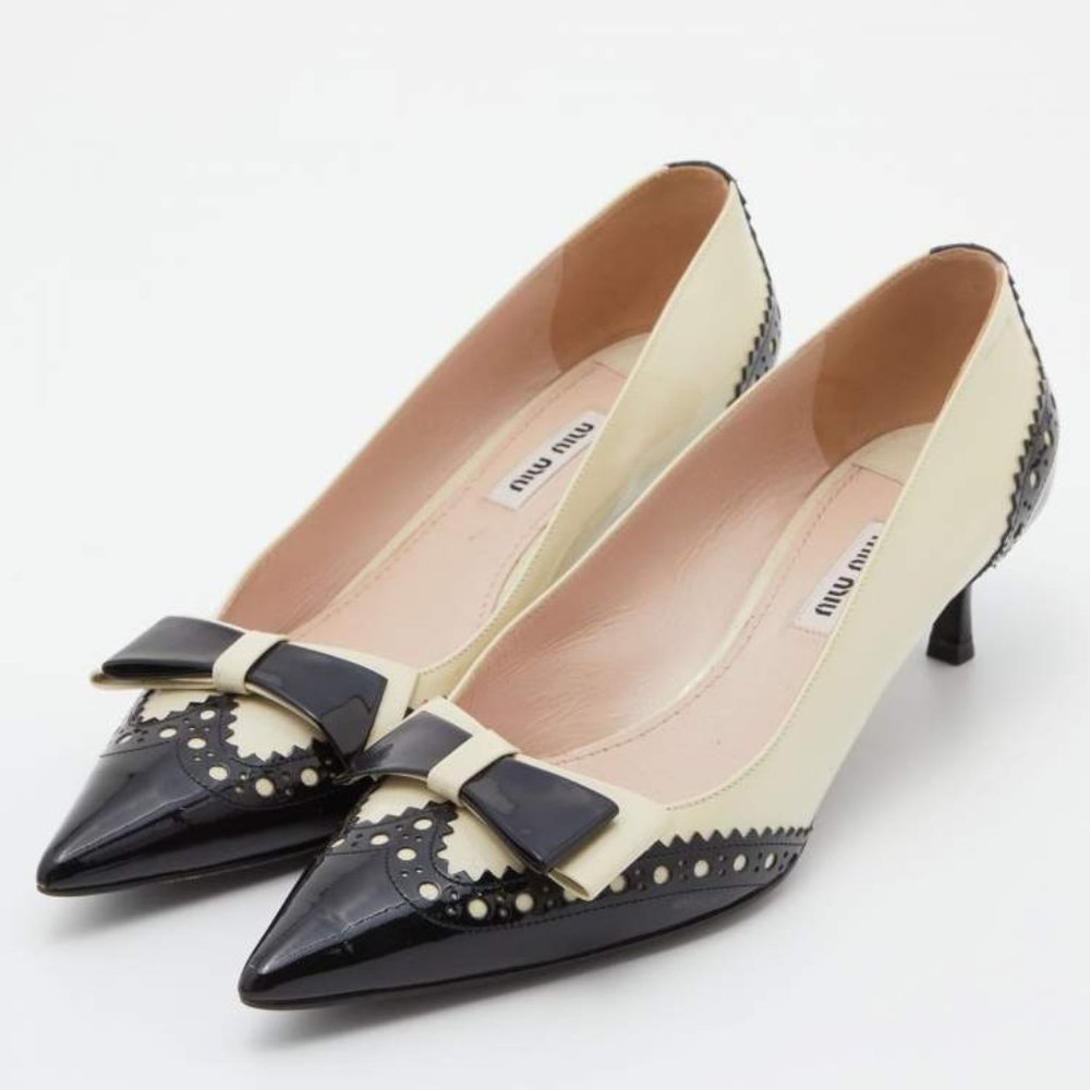 Miu Miu Two Tone Patent Leather Double Bow Pointed Toe kitten heels Size 6.5 - Picture 1 of 16